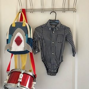 blue & white check long sleeve button down onsie